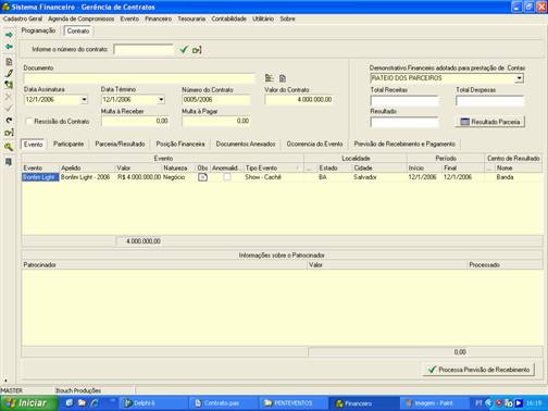 Tela de cadastro do Contrato/Evento