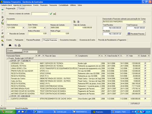Tela de consulta da posição financeira do evento