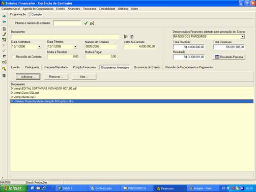 Tela de cadastro de documentos anexado ao contrato