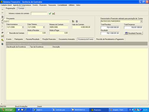 Tela de cadastro das ocorrências relacionadas ao contrato