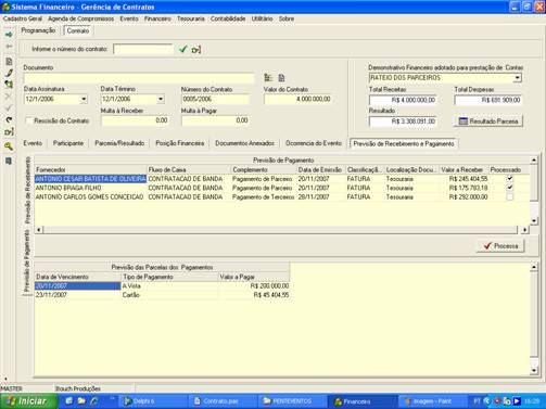 Tela de previsão de pagamento e recebimento