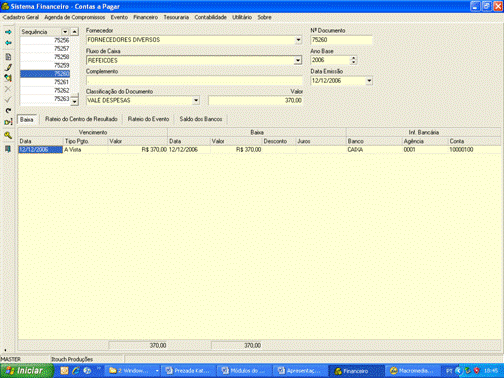 Tela de entrada de dados do Contas a Pagar e os rateios do Centro de Resultado e/ou Eventos