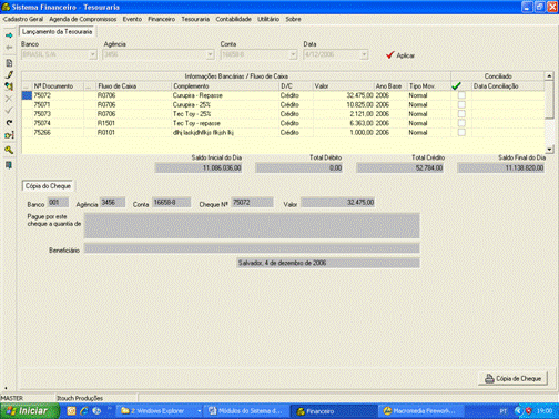 Tela de entrada de dados do módulo da Tesouraria